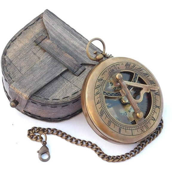 Navigational Compass with Leather Case Metallic Bronze Sundial Compass Professional Decor Old Style Marine Sundial Compass Camping Compass Gift Polarsterns Item