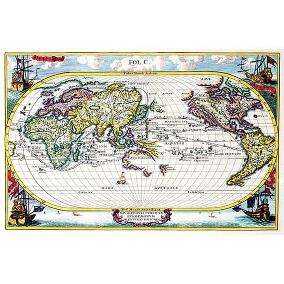 Navigationes Precipae Europorum ad Exteras Nationes; Navigational Map of the World-Fine art canvas print (20" x 30")