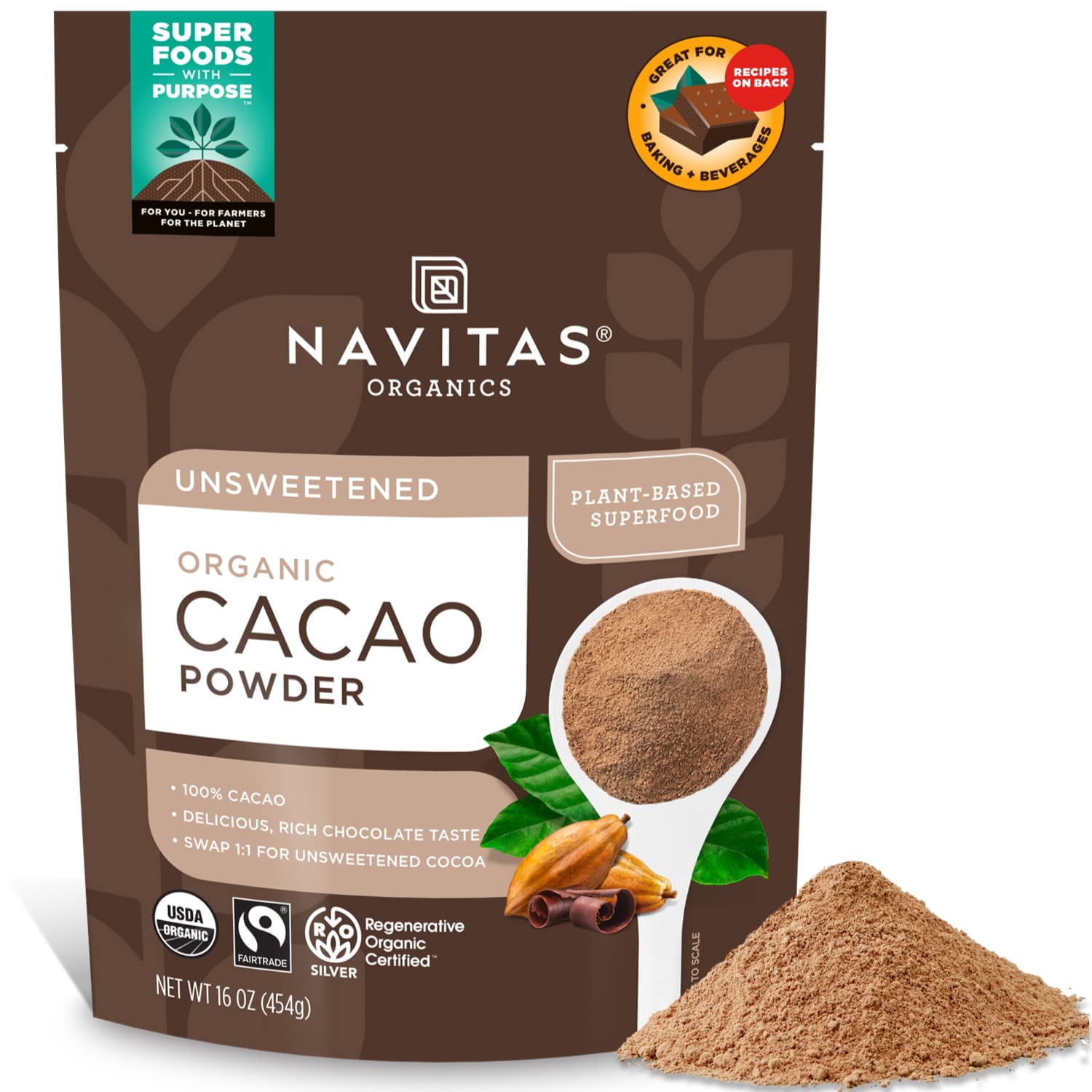 Navitas Organics Organic Cacao Powder, Non-GMO, Fair Trade, Gluten-Free, 16 Ounce