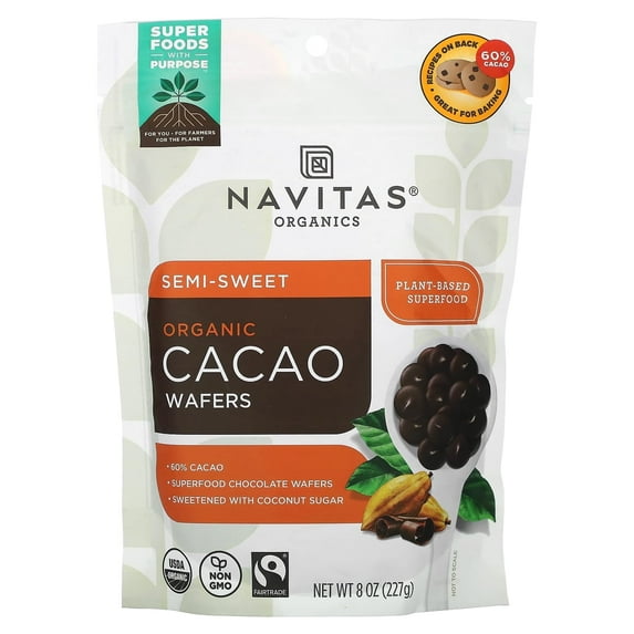 Navitas Organics, Organic Cacao Wafers, Semi-Sweet , 8 oz (227 g) Pack of 4