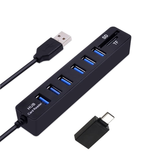 Navor 8-in-1 USB-C Hub with 1m Cable, 6 USB 2.0 Ports, SD TF Card Reader, Plug & Play USB Adapter for Compatible MacBook, Mac Mini, XPS, PC, Laptop