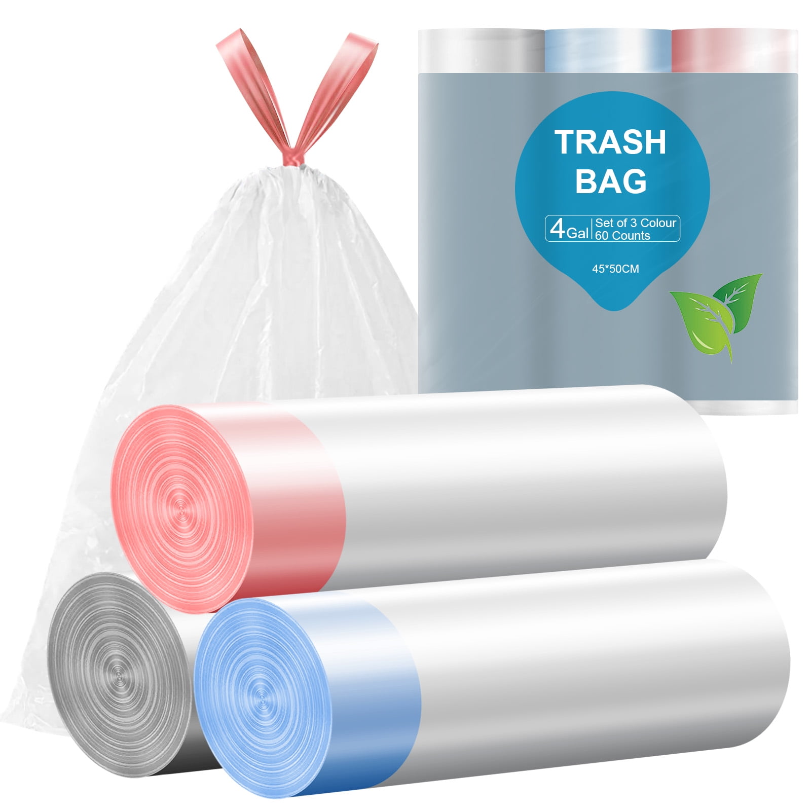 Navpeak Small Trash Bags 4 Gallon Drawstring Unscented Mini Garbage Bags Trash Can Liners for Office   Bedroom Bathroom Thickened Set of 3 Colour 60 Counts