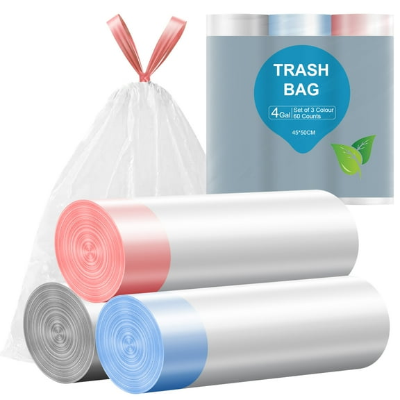 Navpeak Small Trash Bags 4 Gallon Drawstring Unscented Mini Garbage Bags Trash Can Liners for Office Bedroom Bathroom Thickened Set of 3 Colour 60 Counts