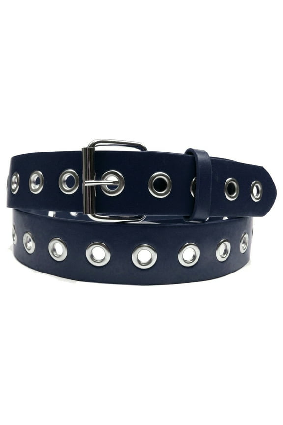 Navy 1 Hole Row Silver Grommets Bonded Leather Belt Removable Buckle