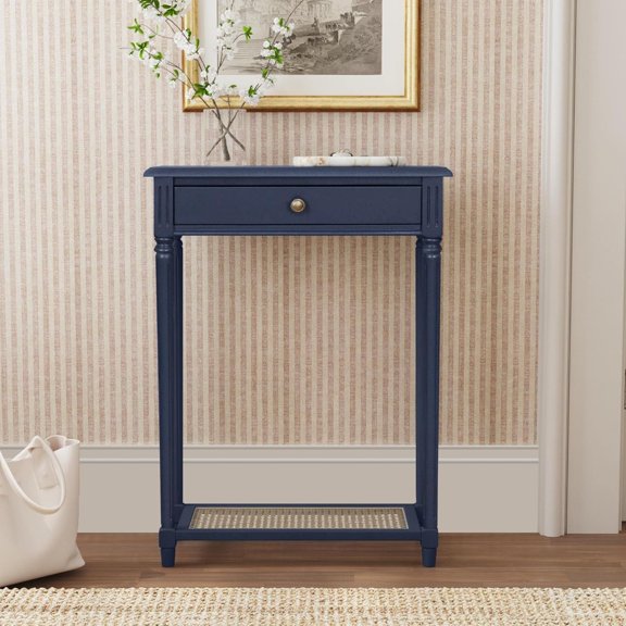 Navy 23.75-Inch Narrow Lenora Entryway Console Table with Cane Shelf, Solid Wood Accent for Hallways and Small Spaces
