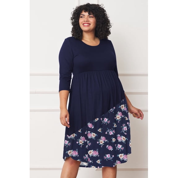 Navy 3/4 Sleeve Asymmetric Bouquet Floral Curved Hem Midi Dress_Plus