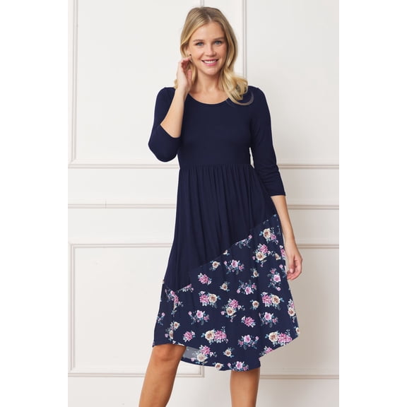 Navy 3/4 Sleeve Asymmetric Bouquet Floral Curved Hem Midi Dress