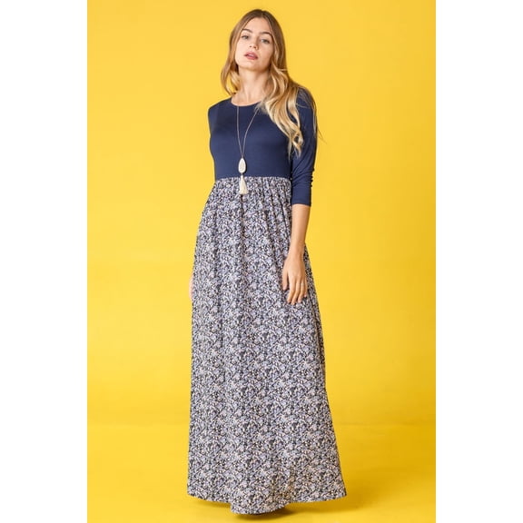 Navy 3/4 Sleeve Contrast Ditsy Floral Maxi Dress