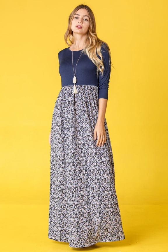 Navy 3/4 Sleeve Contrast Ditsy Floral Maxi Dress