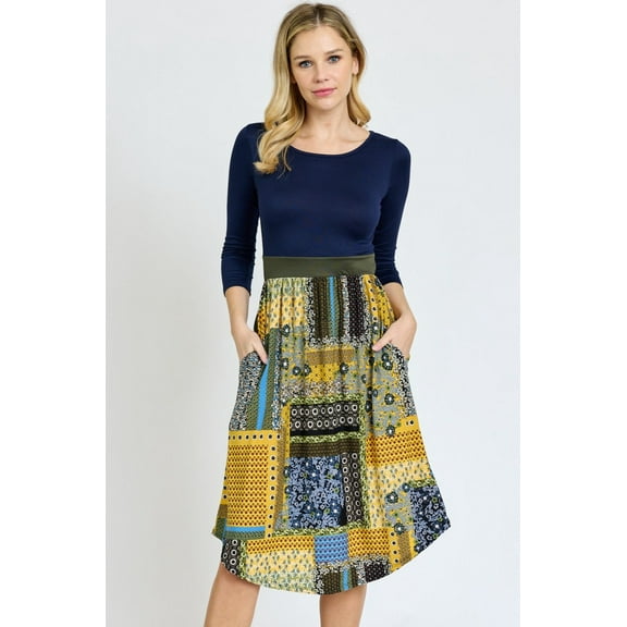 Navy 3/4 Sleeve Mustard Patchwork Midi Dress with Olive Band | S-3X