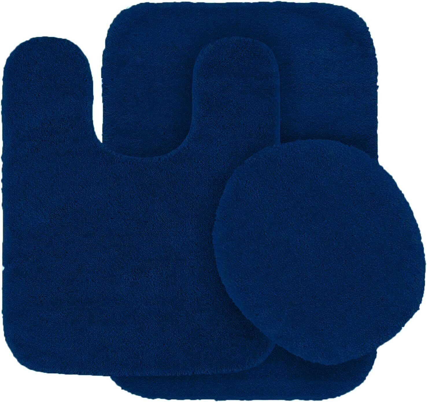 Luxurious Navy 3-Piece Chenille Bathroom Rug Set with Thick Contour ...