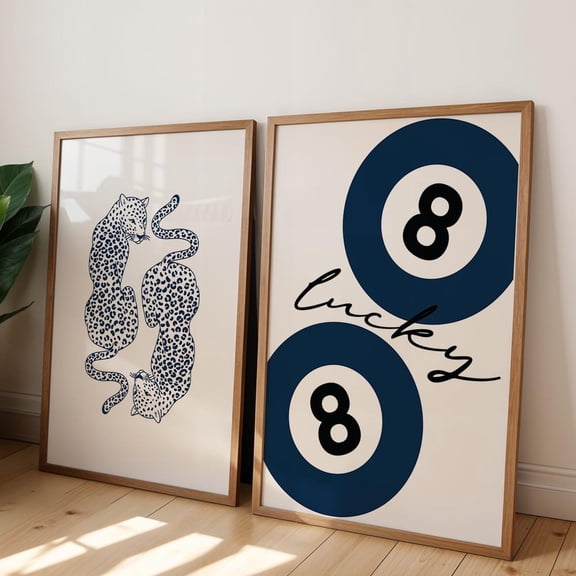Navy 8 Ball Poster Blue Cheetah Print Dorm Room Decor Set 2 Stretched Canvas 8x12