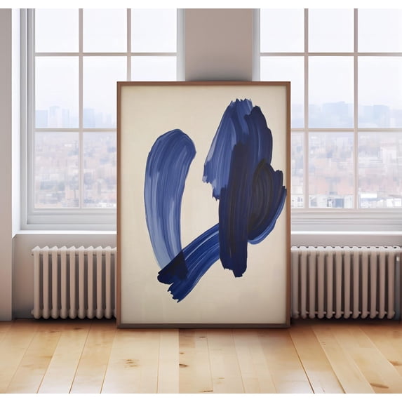 Navy Abstract Minimalist Blue Paint Strokes Wall Art Print, Modern ...