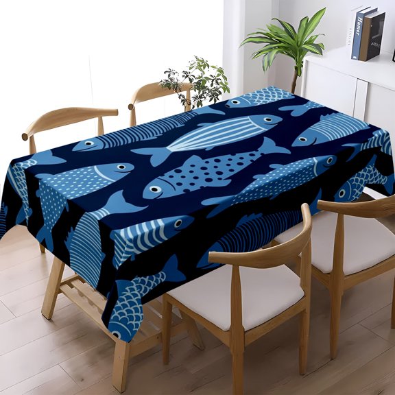 Navy Abstract Stylized Fish Print Tablecloth, Kitchen Living Room Banquet Holiday Decor, Minimalist Nautical Table Cover, Thanksgiving Christmas Gift