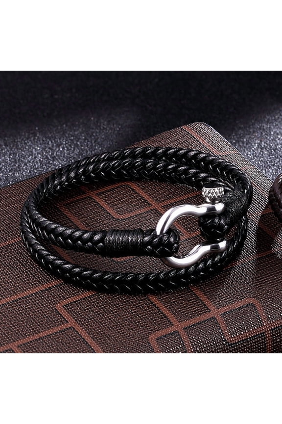 Navy Anchor Chain Genuine Leather Vachette Clasp Woven Leather Bracelet