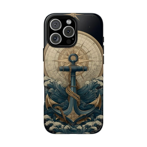 Navy Anchor Compass Sea Waves Nautical Phone Case with iPhone 17 to 11 Pro Max