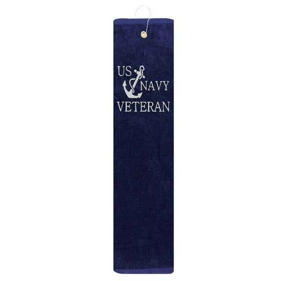 Navy Anchor Veteran USN Tri-fold Golf Towel With Grommet & Hook Club Ball Tee Golfing Gift Birthday Navy Blue Towel with Silver Vinyl 15" x 18"