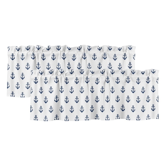 Navy Anchors 2 Panels Kitchen Valance, Nautical Slate Blue Small Anchor Maritime Modern Curtains Valances for Small Windows Rod Pocket Window Treatments for Living Room Bedroom 42" W x 12" L