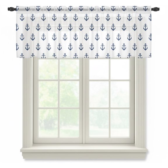 Navy Anchors Sheer Valances for Windows, Nautical Slate Blue Small Anchor Maritime Modern Semi Sheer Kitchen Valance Rod Pocket Small Voile Window Curtains for Living Room Bedroom 42 x 12 Inch