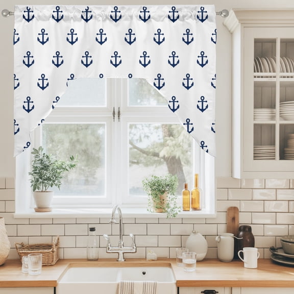Navy Anchors Swag Valance for Windows, Nautical Slate Blue Small Anchor Maritime Modern Swag Curtains Valances for Small Window Treatment Rod Pocket for Kitchen Bathroom 1 Panel 56x36in