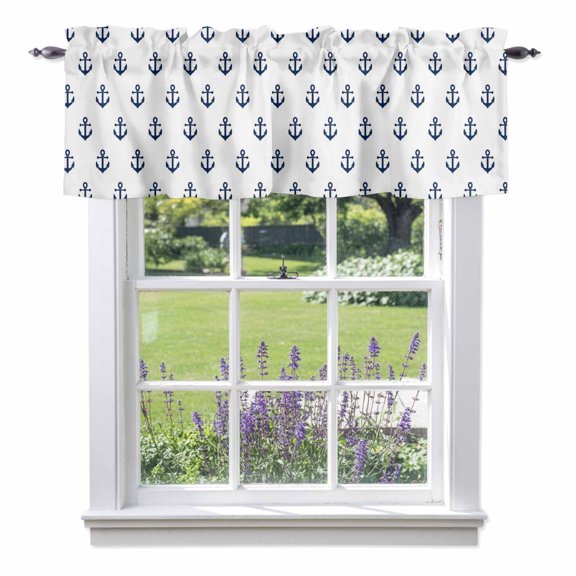 Navy Anchors Valances for Windows, Nautical Slate Blue Small Anchor Maritime Modern Valance Window Treatment Rod Pocket Short Curtains Valances for Kitchen Bathroom 42"W x 12"L