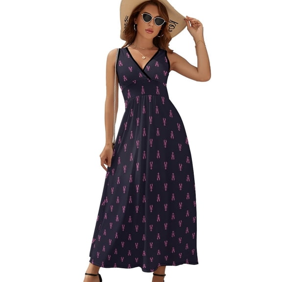 Navy And Pink Lobsters Pattern Sleeveless Dress Dresses Women Summer Evening Dresses Ladies Bohemia Long Dresses
