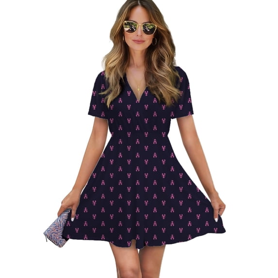 Navy And Pink Lobsters Pattern Women Dress V-Neck Short Sleeve Flowy Swing Party Midi Dress