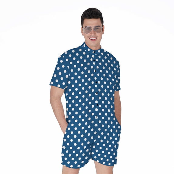 Navy And White Polka Dot Pattern Short Sleeve Men'S Rompers, Dots Casual Summer Jumpsuits Outfit