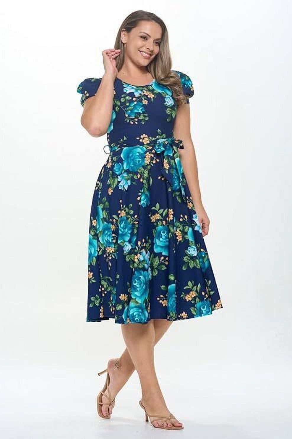 Women's Short Puff Sleeve Midi Floral Cocktail Flare Tea Party