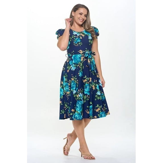 Navy Aqua Small-Medium Size Women's Short Puff Sleeve Midi Floral Cocktail Flare Tea Party, Formal and Casual Dresses
