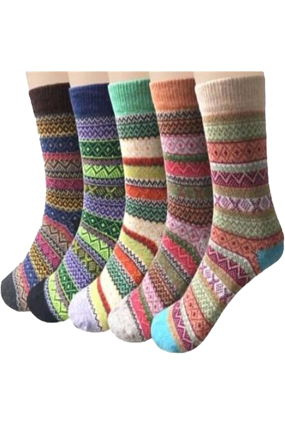 Navy Autumn Winter Women'S Rabbit Wool Socks Thickened Warm Mid Calf Socks Color Block Pattern Five Pairs Set In Navy Blue One Size