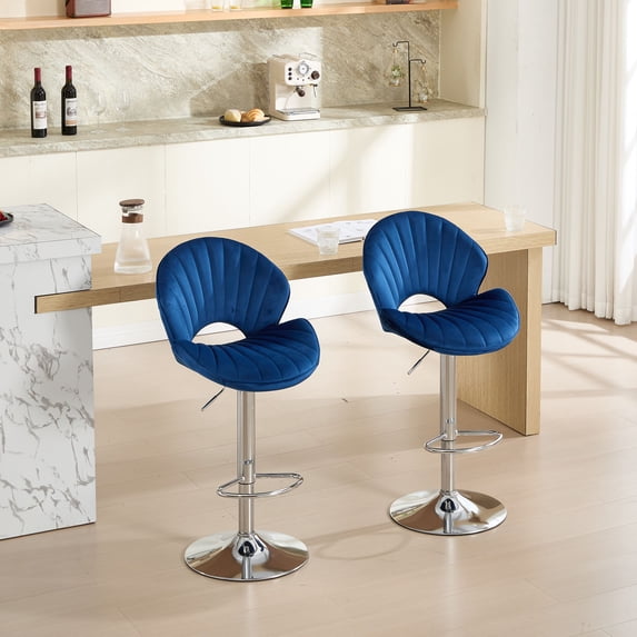 Navy Bar Stools Set of 2 - Adjustable Counter Height Fabric Bar Chairs ...