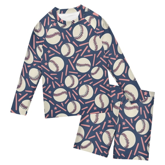 Navy Baseball Confetti Pattern Boys' Bathing Suit UPF 50+ Boys' Rash Guard Sets Stretchy Quick Dry 3T-10T