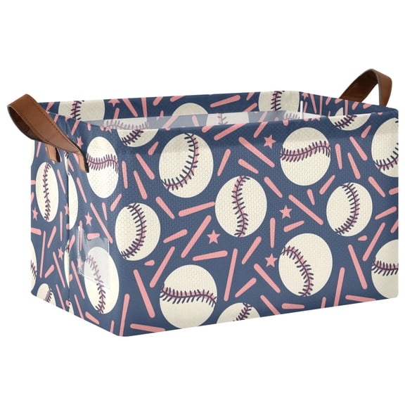 Navy Baseball Confetti Pattern Collapsible Storage Bin Open Home Shelf Basket Water-Resistant Iron Frame Large