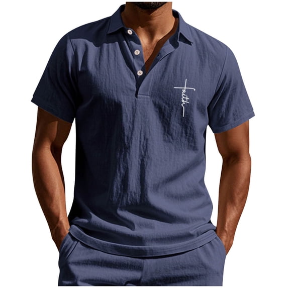 Navy Basic Lounge T Shirt for Man Summer Fall Short Sleeve Collared High Neck Faux Gauze Linen Christian Print Tops Shirts Mens Button 2026 Clothes Y2K M