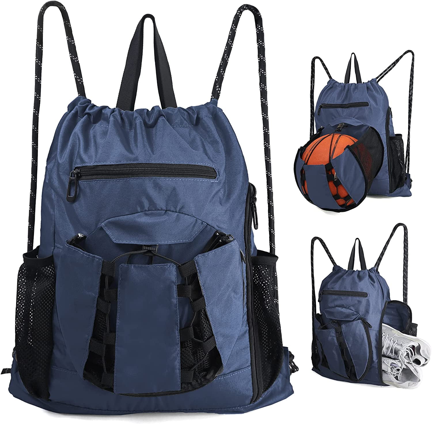 Navy Basketball Bag String Backpack with Ball Holder & Shoe Compartment