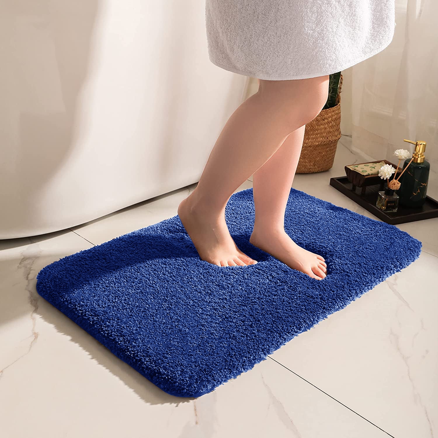 Navy Bathroom Rug, Non Slip Bath Mat, 24" x 47" Microfiber Thick Plush