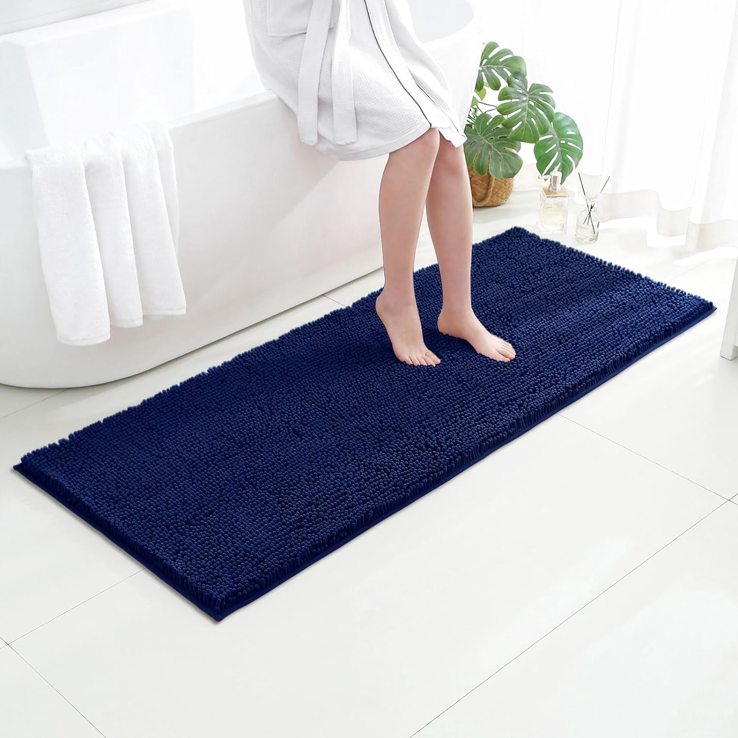 Navy Bathroom Runner Rugs 24" x 60", Thick Absorbent Chenille Bath Mats for Bathroom, Soft Plush ...