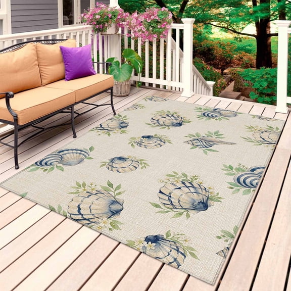 Navy Beach Scallops Outdoor Rug for Patio/Deck/Porch, Non-Slip Large Area Rug 5 x 7 Ft, Vintage Summer Coastal Leaves Beige Indoor Outdoor Rugs Washable Area Rugs, Camping Rug Carpet Runner