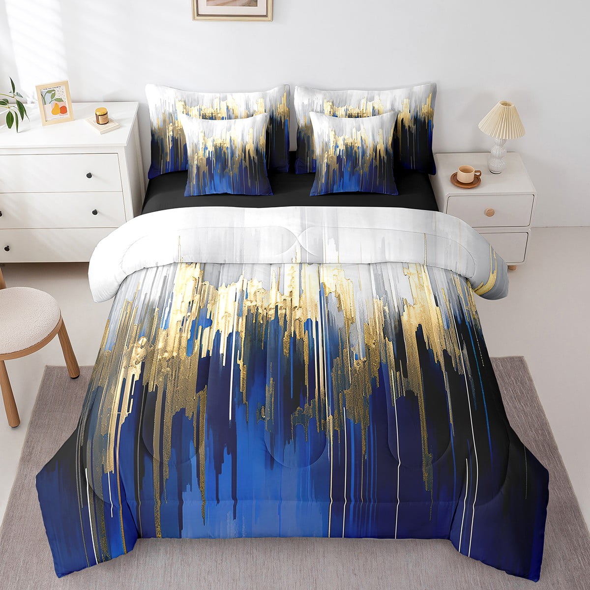 Erosebridal Blue White Grey Ombre Bedding Set Full Size 7-Piece - Oil Painting Comforter Set With Sheets & Pillowcases
