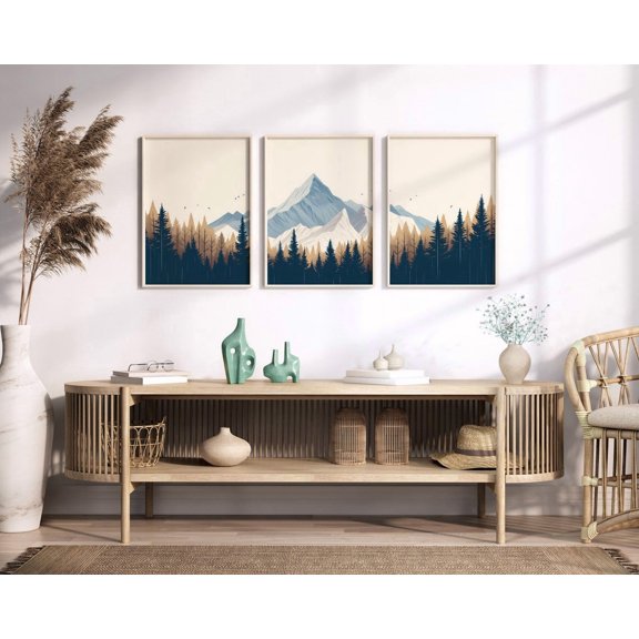 Navy Beige Mountain Wall Art Prints, Set Of 3 Boys Adventure Room Decor