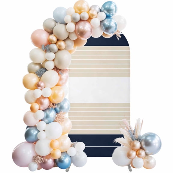 Navy Beige Striped Arch Backdrop Cover 5Ft, Wedding Arch Covers Stretchy Backdrop, Gradient Geometric Blue White Fitted 2 Sided Arched Photo Background for Birthday Party Decorations