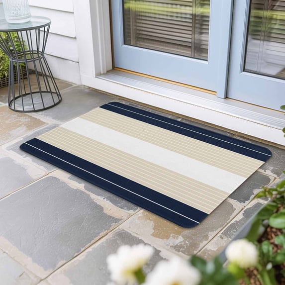 Navy Beige Striped Door Mat Indoor Outdoor, Gradient Geometric Blue White Non Slip Welcome Mat with Rubber Backing, Absorbent Fabric Front Door Mats Entryway Rug for Home Patio Entrance 16"x24"