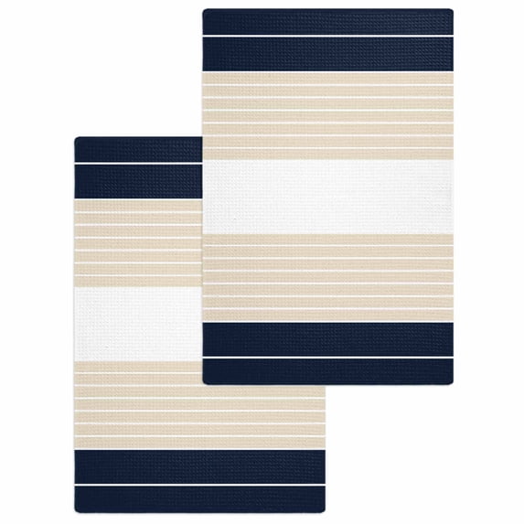 Navy Beige Striped Hand Towels Set, Waffle Weave Kitchen Towels 2 Pieces, Gradient Geometric Blue White Microfiber Hair Face Bath Tea Towel Absorbent Quick Drying Cleaning Dish Cloths, 15.7"x23.6"