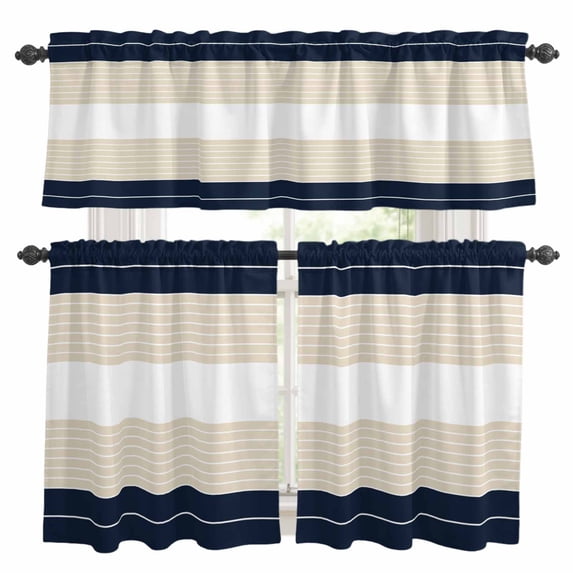 Navy Beige Striped Kitchen Curtains Sets for Windows 36 Inch Length, Gradient Geometric Blue White Rod Pocket Window Treatments Tier Curtains and Valances Set for Bedroom/Bathroom