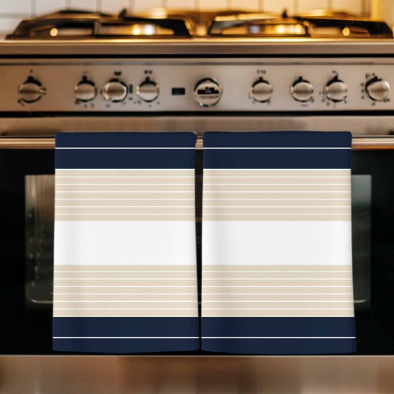 Navy Beige Striped Kitchen Towels Set of 1, Gradient Geometric Blue White Absorbent Dish Towels for Kitchen, Microfiber Hand Towel, Quick Drying Tea Towel for Cleaning Decorative Dishcloths