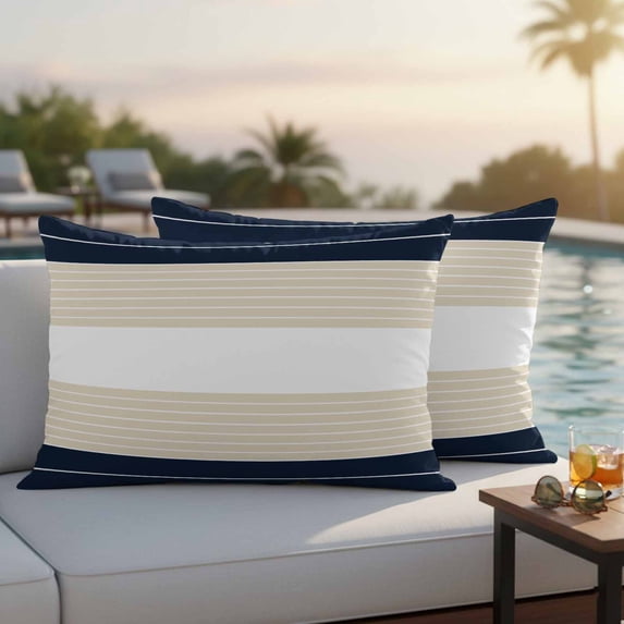 Navy Beige Striped Outdoor Pillow Covers 20x12 Inch Lumbar Pillow Covers Set of 2 Waterproof Decorative Throw Pillow Cases Gradient Geometric Blue White Cushion Covers for Patio Furniture Garden