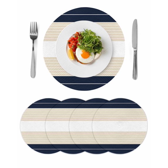 Navy Beige Striped Round 13 Inch Placemats Set of 4, Gradient Geometric Blue White HeatResistant Non Slip Place Mats for Dining Table, Wipeable Braided Kitchen Table Mats for Housewarming