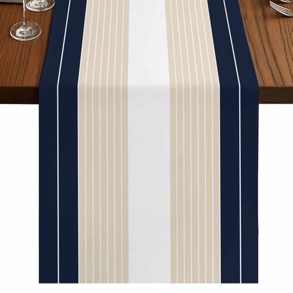 Navy Beige Striped Short Table Runner 36 Inches Long,Gradient Geometric Blue White Cotton Linen Table Runners Dresser Scarves,Fabric Tabletop Scarf Furniture Cover for Home Dinner Party Decor 13"x36"