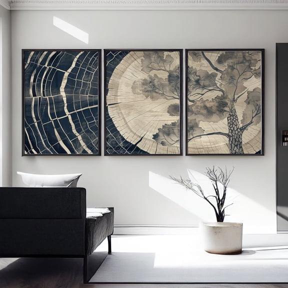 Navy Beige Tree Ring Abstract Wall Art Set 3 Unframed Paper Print 8x12